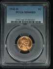 Lincoln Wheat Cent. 1942 D. PCGS MS66RD. Lot # 9066-374-033