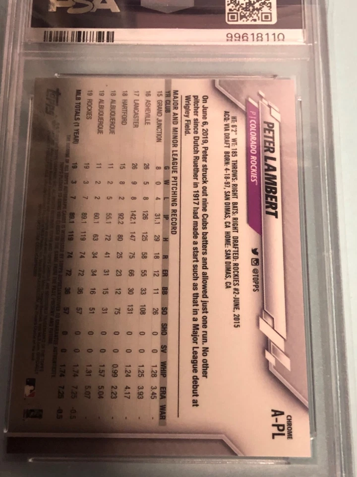 2020 Topps Chrome Sapphire Peter Lambert RC Rookie Auto #RA-PL Rockies PSA 10 - Image 2 of 2