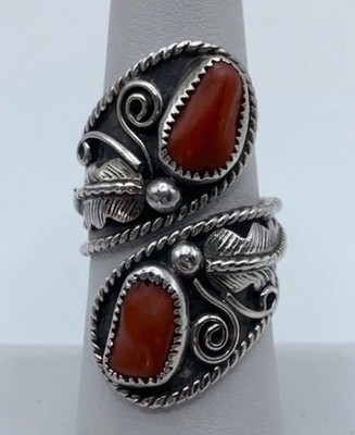 Vintage Navajo Double Coral Leaf Ring - High Purity 94.1% Silver Size 6.5 8.21g