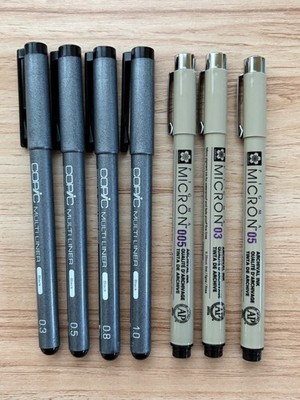 Copic Multiliner Ink Pens Black 0.3 0.5 0.8 1.0 Micron 005 03 05 Black lot of 7