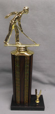 male shuffleboard trophy award brown column black marble base eagle trim 14"