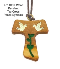Olive Wood Franciscan Tau Cross with Painted Doves and Olive Branch, Italy