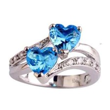 Double Heart Ring Silver Plated Sky Blue stone December Birthstone size 7, 8, 9,