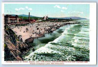 c1920's Holiday Crowd Ocean Beach Cliff House San Francisco California Postcard