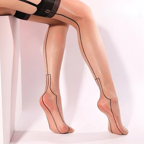 Women's Oily Silky Back Seamed Stockings with Attached 6 Straps Garter Belt - Picture 4 of 7