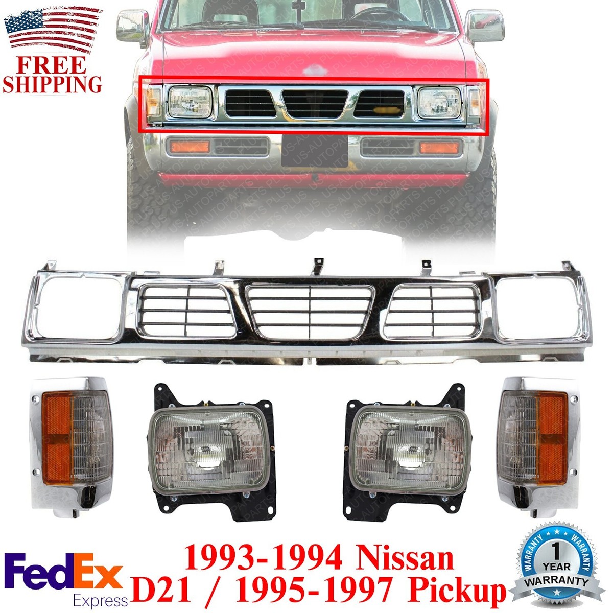 Front Grille + Headlights Corner Lights Kit For 1993-1994 Nissan
