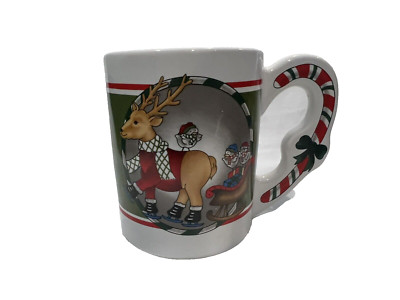 Vintage Rain Deer On Ice Skates Coffee Mug With Candy Cane On Handle Christmas