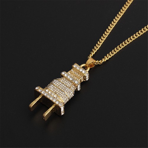 Silver Iced Out Gold Plug Pendant Cuban 