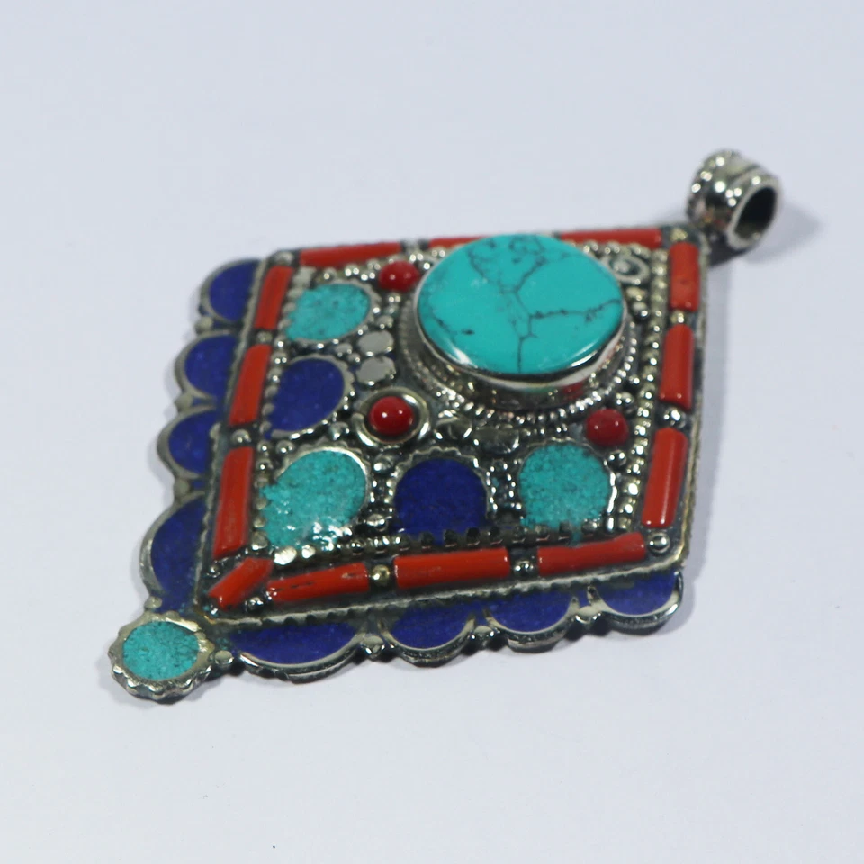 Colgante Joyería Amuleto Hecho a Mano Plata Tibetana Lapislázuli Turquesa Real Coral Foto 3 de 4