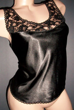 Vtg Black Satin Lace Camisole Tunic Top S Bust 34