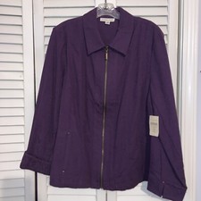 Coldwater Creek Jacket W18 XL Floral Brocade Jacquard Purple Pockets Zip NWT