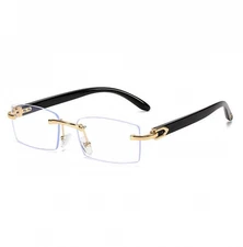 Men's Vintage Gold Frame Rimless Hip Hop Black Woodgrain Clear Lens Glasses