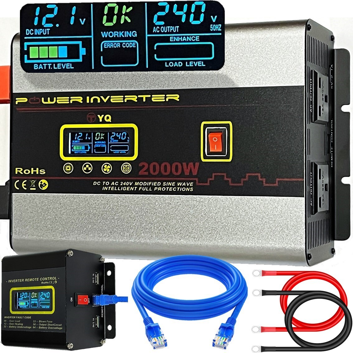 YQ Power Inverter 12V to 240V 2000W 4000W Caravan Microwave Converter LCD Remote