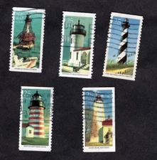 #2470-74 Lighthouses Booklet Stamps, Used Se-tenent Set of 5, 25 cent, Off Paper