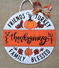 THANKSGIVING CIRCLE SIGN Wall Art Door Hanger Plaque Wood Family Pumpkins Decor