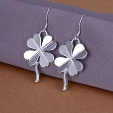 Shiny New Silver Plated Lucky Four-Leaf Clover Charm Hook Dangle Drop Earrings 