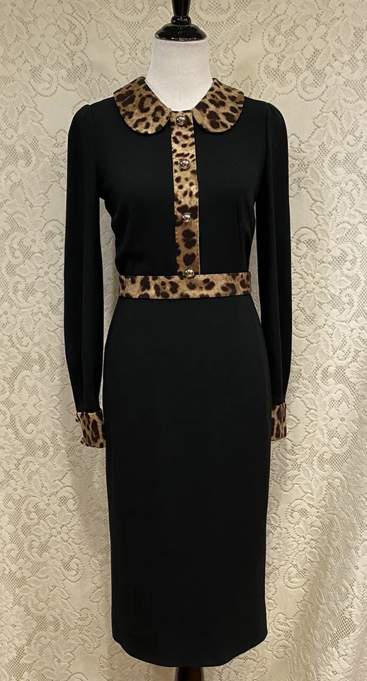 Vestido G2U Dolce Gabbana Manga Larga Negro con Borde de Leopardo Cady Talla 42 EE. UU. 46 Foto 2 de 4
