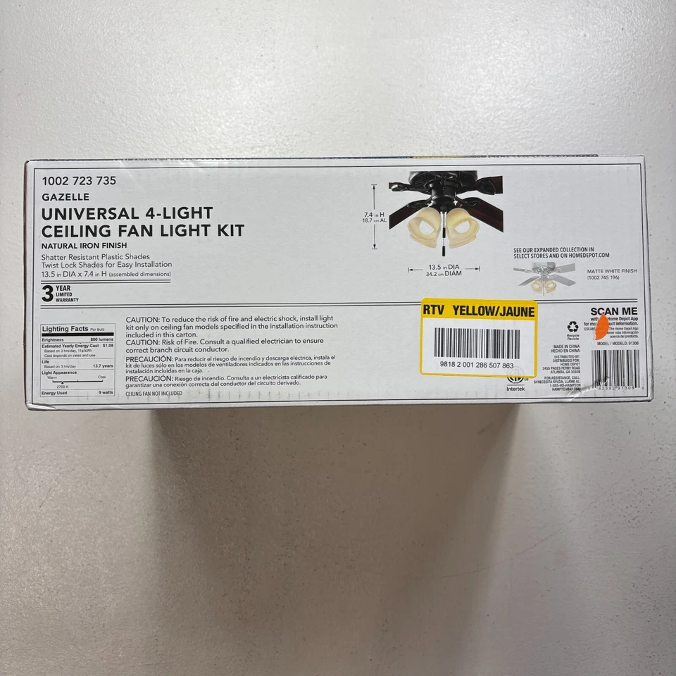 Kit de luces de ventilador de techo universal de hierro natural LED de 4 luces Hampton Bay Gazelle Foto 3 de 4
