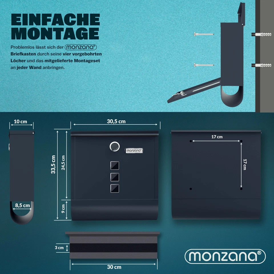 MONZANA® Briefkasten Edelstahl Wandbriefkasten Zeitungsfach Postkasten Mailbox - Bild 4 von 4