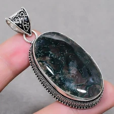 Moss Agate Gemstone Handmade Antique Design Jewelry Vintage Pendant 2.20" SR 451