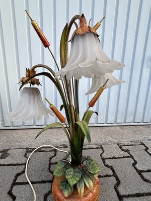 Vintage Palm Tree Shaped, Tole and Floral Glass Lamp For Restoration 