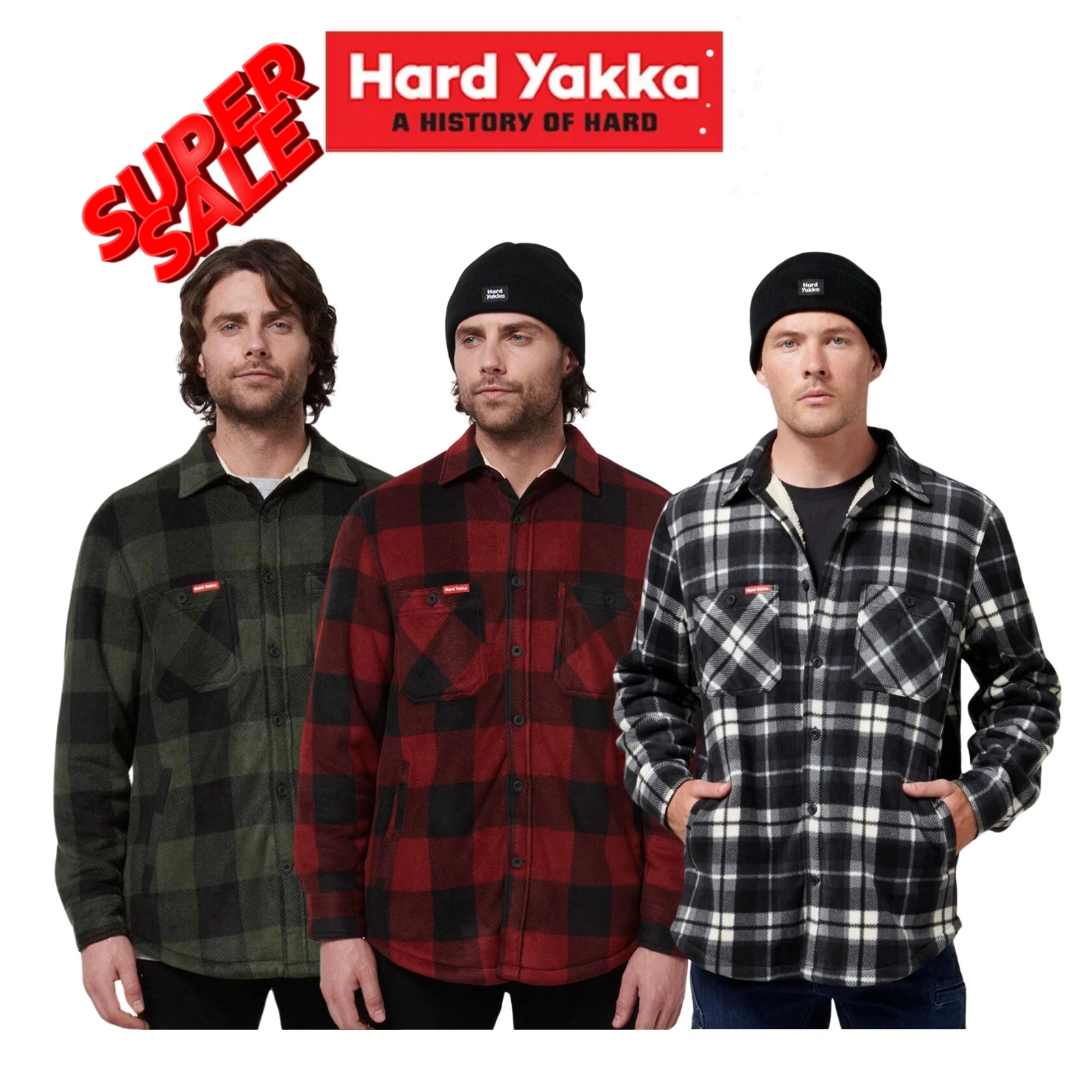Super Sale! Hard Yakka Mens Heritage Sherpa Jacket FREE Beanie Fleece Y06518