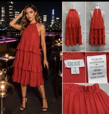 ODDI Womens Medium Red Tiered Ruffle Halter Dress Sleeveless Boho Mini