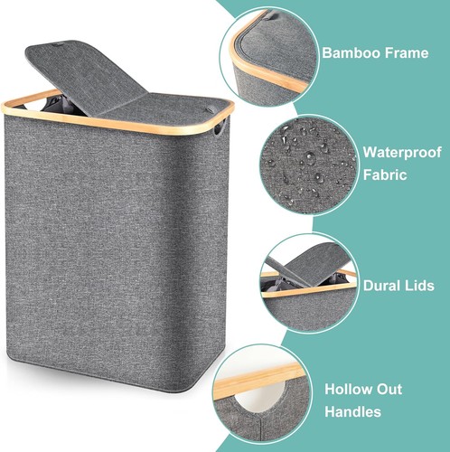 Wäschekorb 150 L mit Deckel 2 Fächer Wäschesack Wäschesammler Bambus Wäschebox - Bild 1 von 8