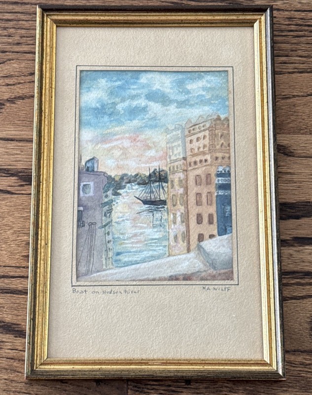 Antique MCM Original Painting Watercolor Signed ML Wolff “Boat On Hudson River”