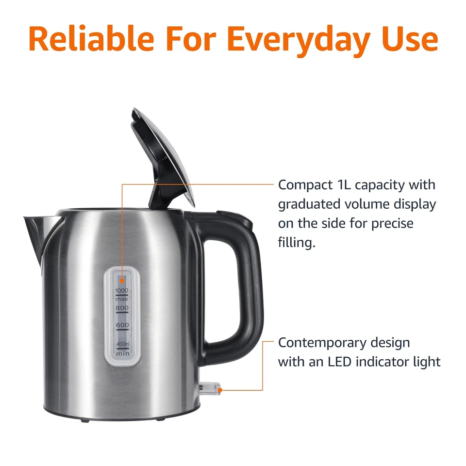 1.1Qt Electric Kettle, Stainless Steel, Auto Shut-Off, 1500W, Black & Silver - Image 2 of 4