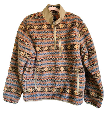 J.CREW NORDIC Sz M Men Brown Orange Aztec Fair Isle Sherpa Fleece 1/4 Zip Jacket