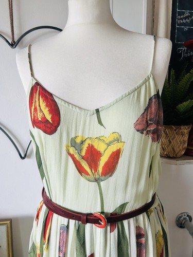 ASOS Mint Green Tulip Print Floral Midi Sundress Size 12 Retro Red Yellow 70s X - Picture 6 of 16
