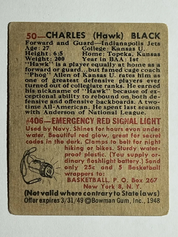 1948 Bowman #50 Charles Hawk Black (VG) - Image 2 of 2