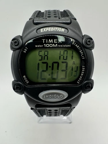 Timex Expedition Digital Watch Men 39mm Black Vintage Indiglo Leather