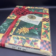 Vintage Vinyl Christmas Tablecloth Flannel Red Green Sultan’s Linens 52x90 NOS