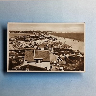 Sandbänke Poole Postkarte um 1935 Echtfoto Dorset zwei Buchten Panorama Strandhütten