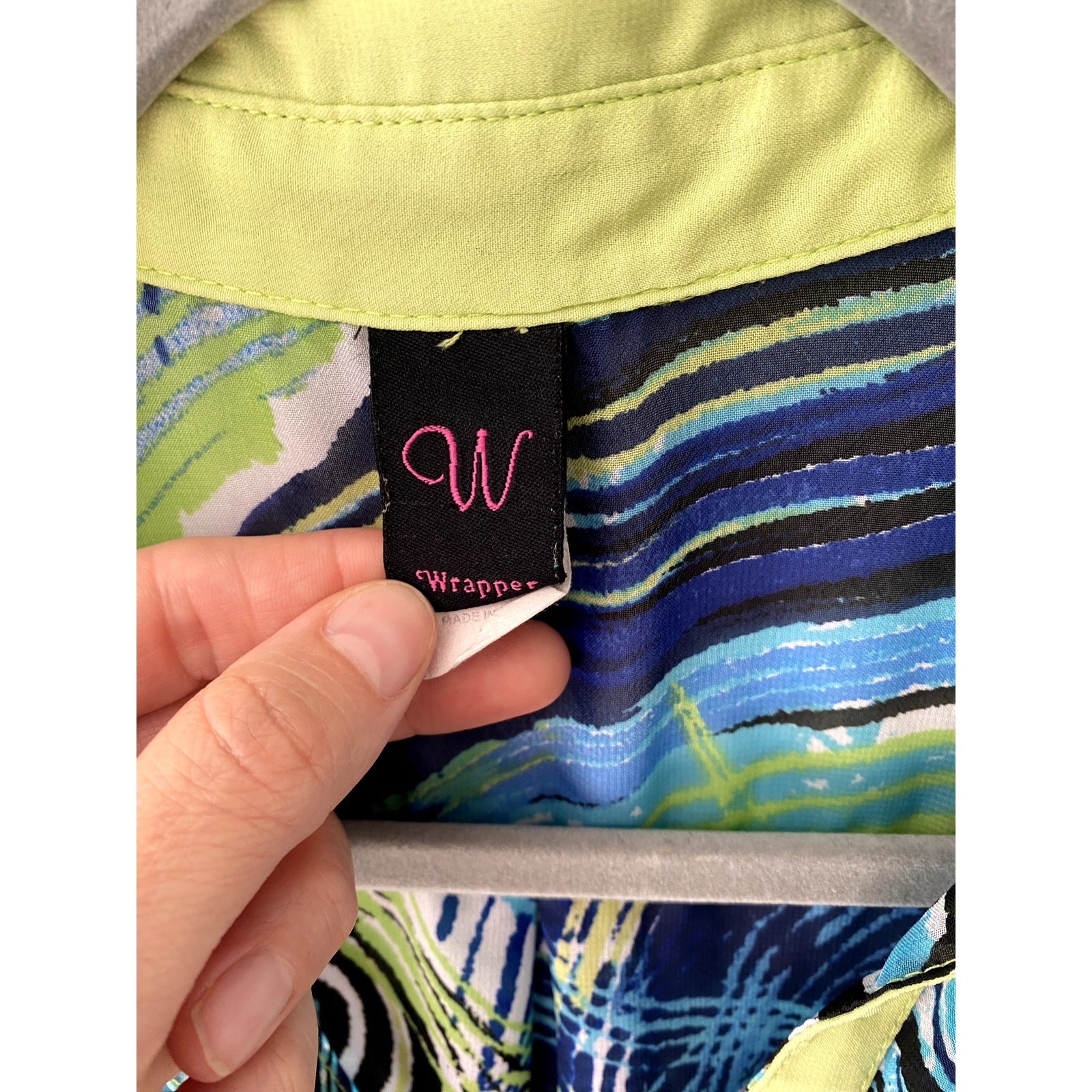 Y2K Wrapper Collared Button-up Green and Blue Pat… - image 3