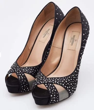 Valentino Garvani Rhinestone Peep Toe Black Stiletto Heels Pumps 36.5 6.5
