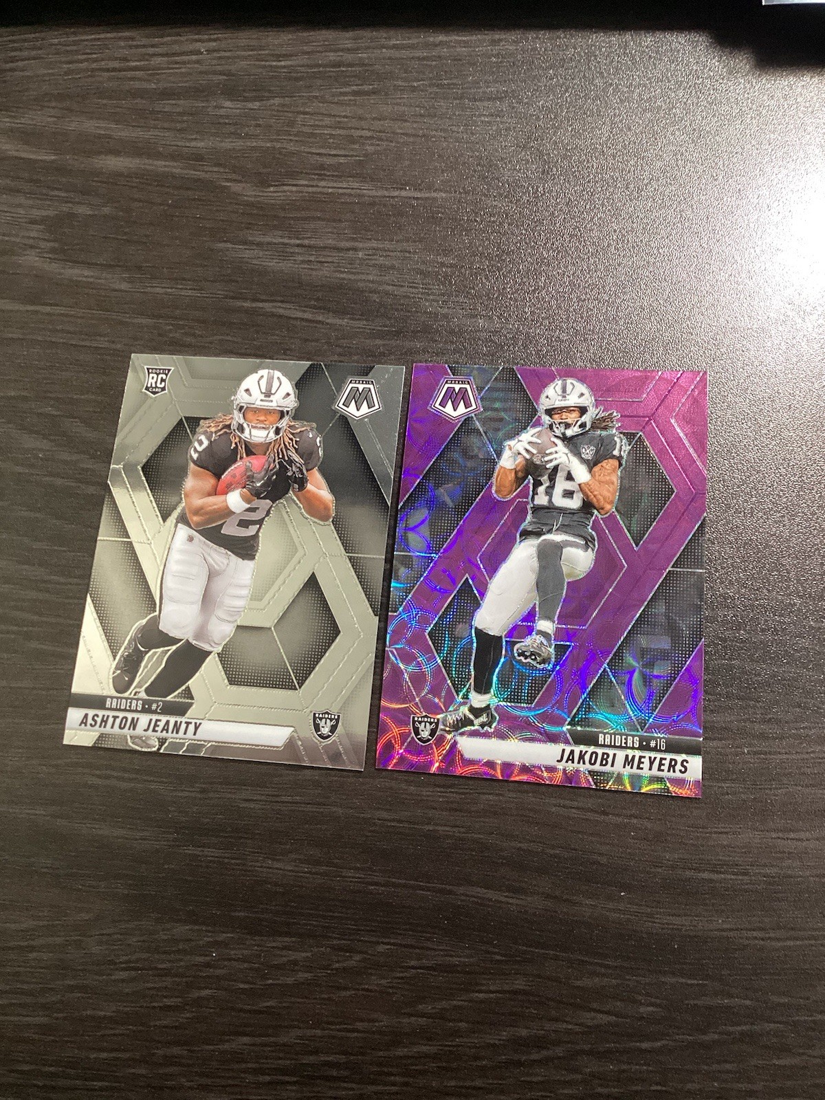Ashton Jeanty/Jakobi Meyers 2025 Mosaic Base RC #345/Purple Scope #62 Raiders