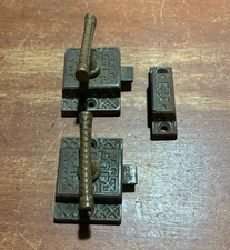 2 Vintage Eastlake Cabinet Door Cupboard Latches T Handle with 1 Keeper