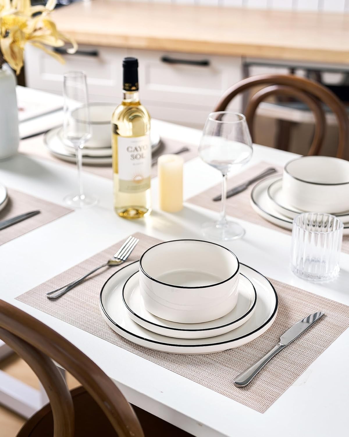 Famiware Porcelain Dinnerware Set, 4-Set(12pcs), White with Black Trim 