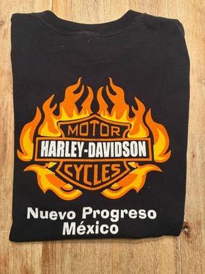 Harley-Davidson Flame Logo T-Shirt Nuevo Progreso Mexico Size Medium Black