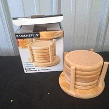 kamenstein hardwood 7 piece coaster set Round cork inserts