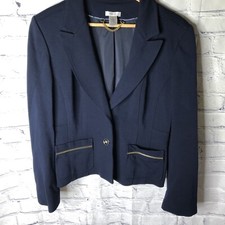CACHE Knit Blazer Jacket Gold Zipper Pockets Buttons Navy Blue Size 10