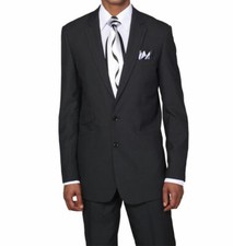 Men's Two Button Slim Fit Wool Feel Suit 5702K Solid Black  Gray
