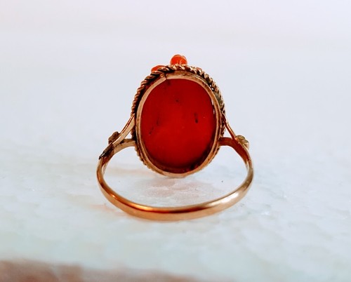 Antique Early Classical Carved Red Sardinian Coral Cameo Ring High Relief 14K  - Picture 10 of 11