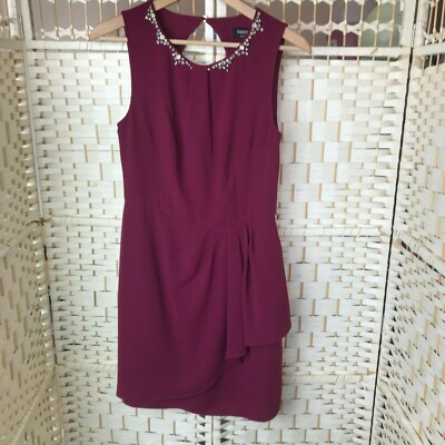 Oasis Red Wine Dress UK 10 – Beaded Neck, Mock Wrap, Peep