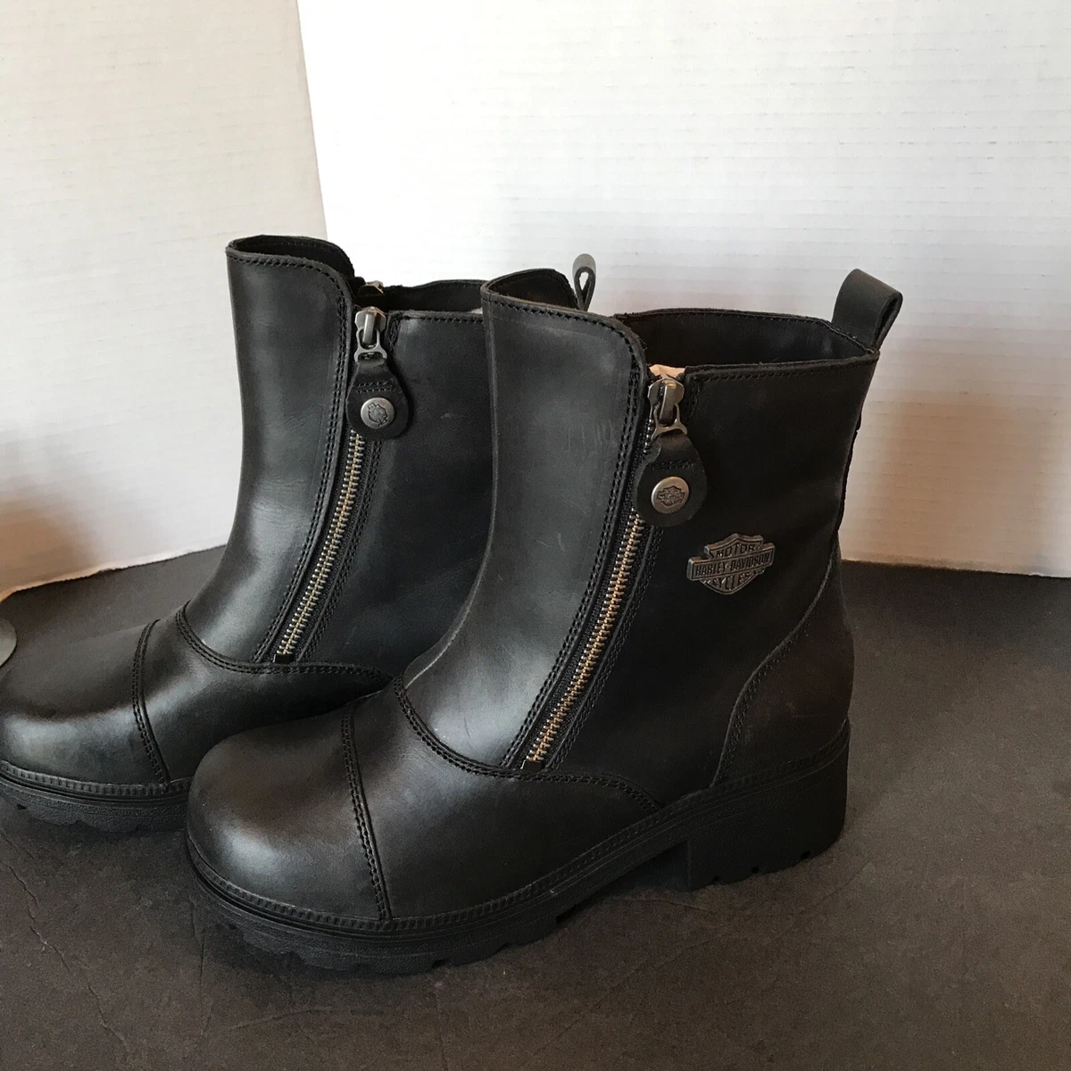 Harley Davidson New Black Leather Double Zip .Motorcycle Boots. Beautiful.S 7.5