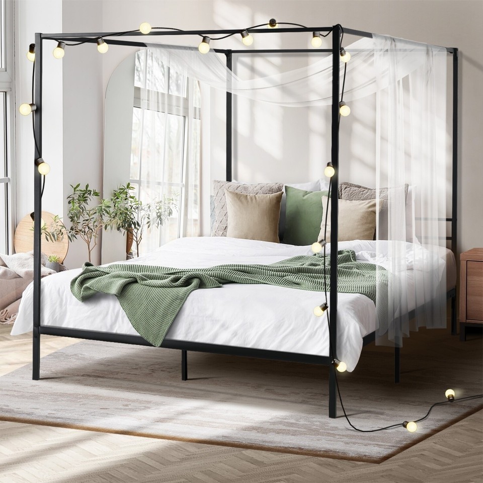 Oikiture Metal Bed Frame Queen Double Single Size Canopy Beds Platform