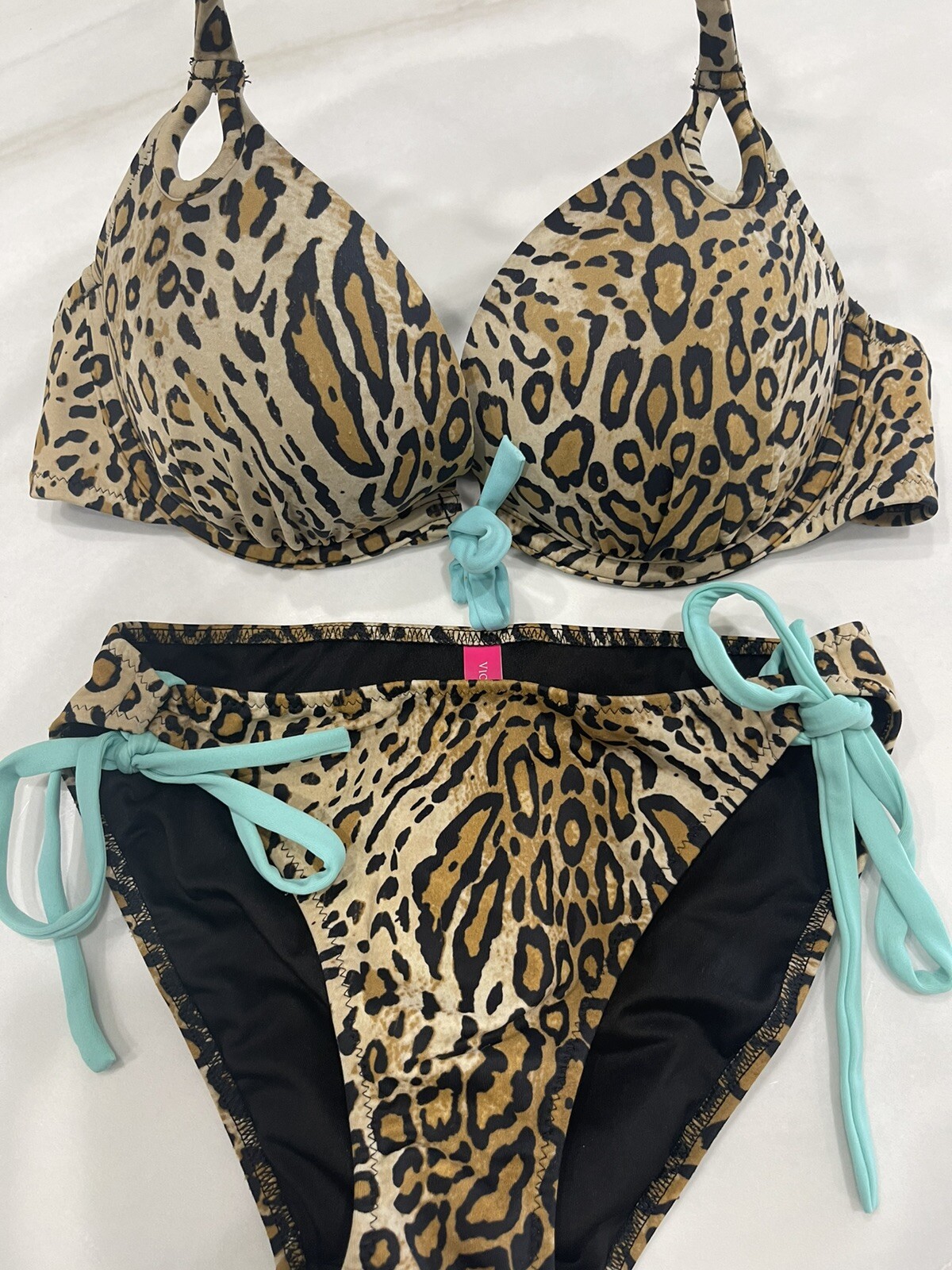 Victoria Secret Leopard Bombshell Bikini Top Adds 2 Cups 34A Bottoms S RARE Perf image 2
